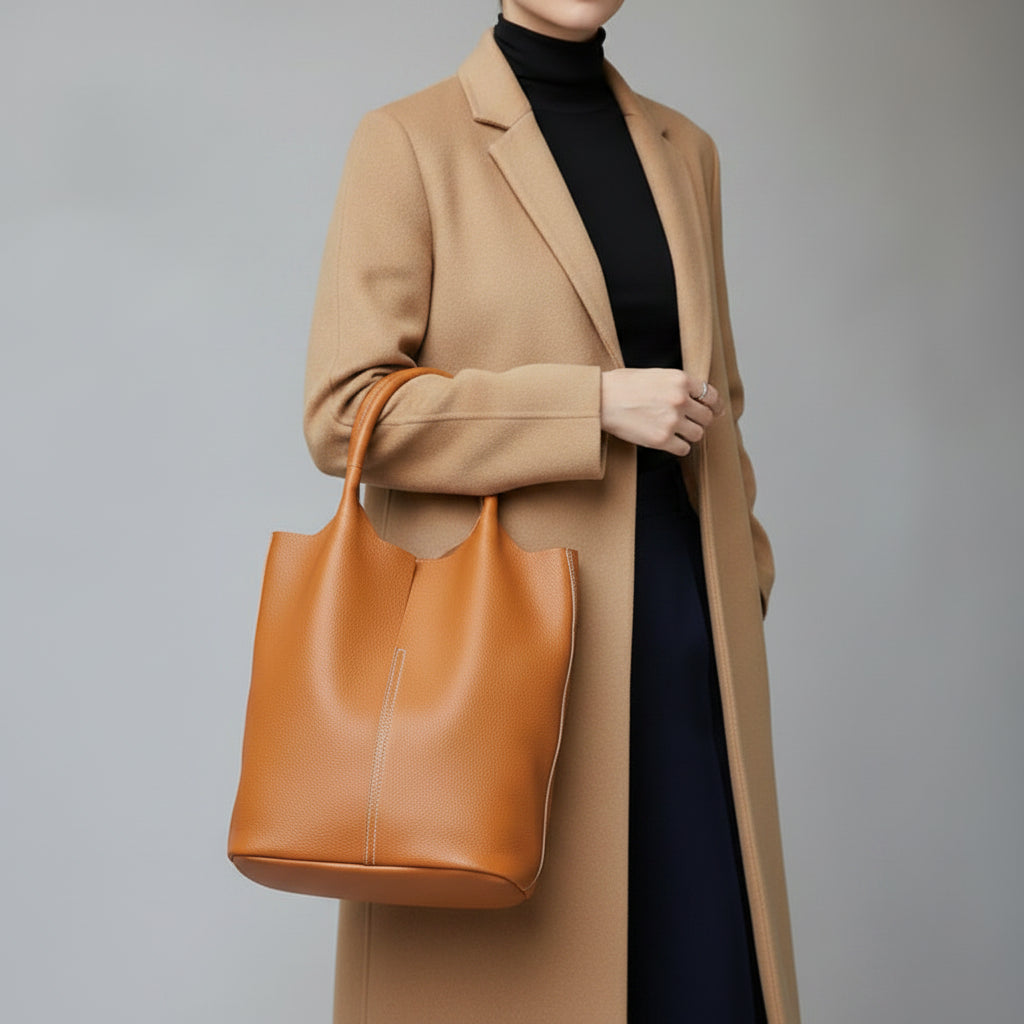 Yaffa Maya leather bucket tote bag in caramel, blue, black, khaki and gray