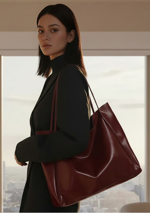 Yaffa Tala large PU tote bag in wine red, white, black, blue and brown