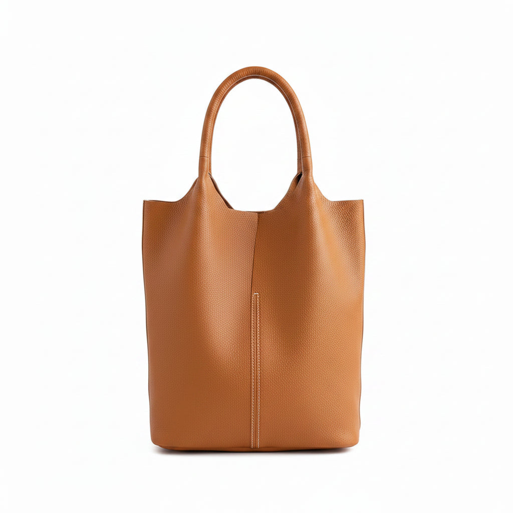 Yaffa Maya leather bucket tote bag in caramel, blue, black, khaki and gray